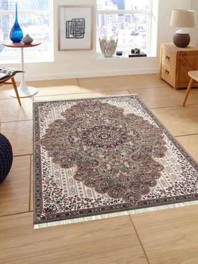 Carpetmantra Irani Md Brown & White Color Traditional Design High Quality Premium Silk Floral Carpet 3.3ft X 5.0ft