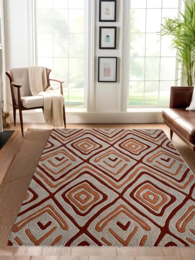 Carpet Mantra White & Rust Color Modern Design 100% New Zealand Wool Handmade Carpet 4.6ft x 6.6ft 