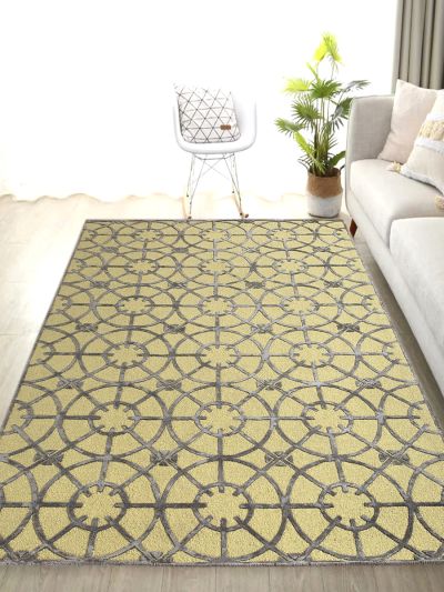 Carpetmantra  Yellow Color Modern Design Wool & Viscose Handmade Carpet 6.0ft X 9.0ft 