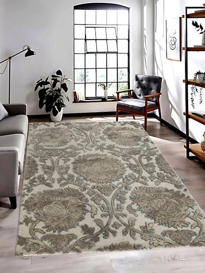 Carpetmantra Beige Floral Carpet 5.2ft X 7.3ft