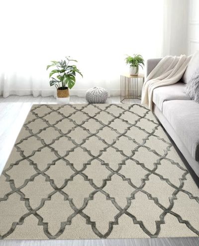 Carpetmantra White & Grey Color Trellis Design Wool & Viscose Handmade Carpet 