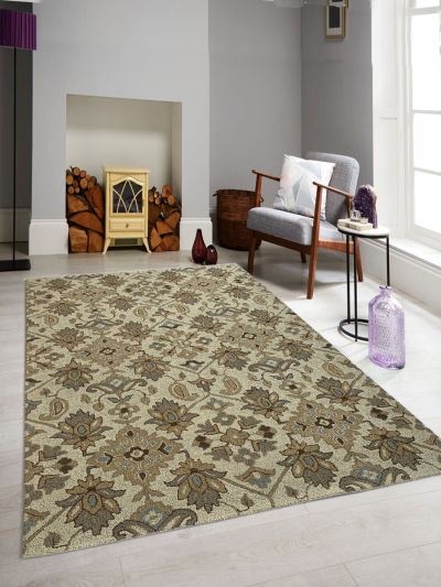 Carpetmantra Beige Color Floral Design 100% New Zealand Wool Handmade Carpet 5ft X 8ft