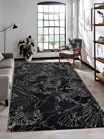 Carpetmantra Black Color Modern Design 100% New Zealand Wool Handmade Carpet 5ft x 8ft 