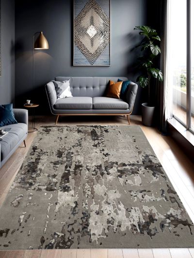 Carpetmantra Silver Color Abstract Design Material Wool & Viscose Handmade Carpet 8ft X 10ft 