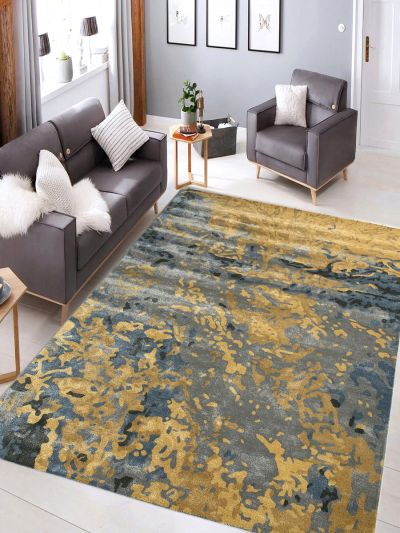 Carpetmantra Indiana Gold & Blue Color Abstract Design Wool & Viscose Thick Pile Handmade Carpet 8ft X 10ft  