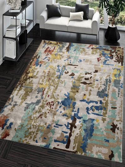 Carpetmantra Multi Color Wool & Viscose Mix Abstract Design Handmade Carpet 8ft X 10ft 