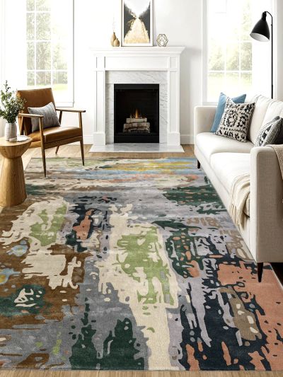 Carpetmantra Multi Color Wool & Viscose Mix Abstract Design Handmade Carpet 8ft X 10ft                    