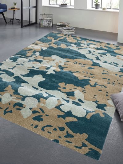 Carpetmantra Turquoise Color Floral Design Wool & Viscose Mix Handmade Carpet 5ft X 8ft