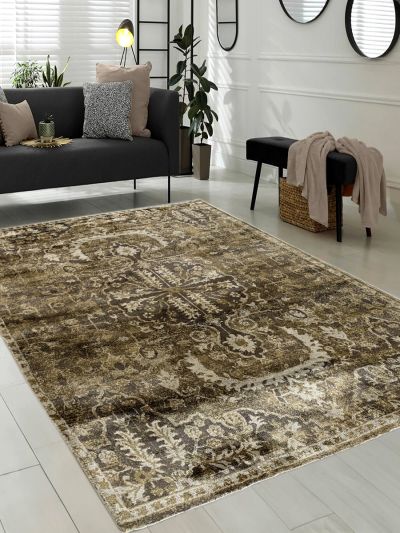 Carpetmantra Gold Brown Floral 100% Banana Silk Carpet 8.0ft  X 10.0ft