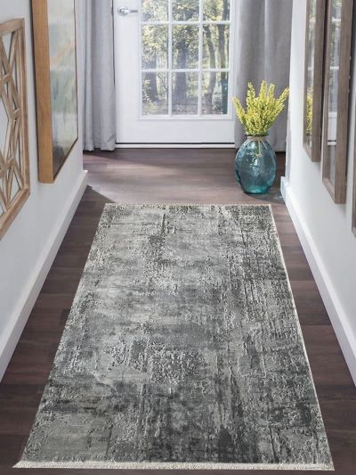 Carpetmantra Grey Silver Abstract Runner Carpet 3.2ft X 6.8ft