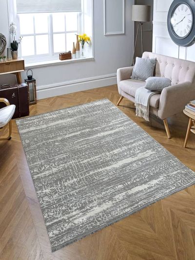 Carpetmantra Grey & White Color Super Fine Quality Material Wool & Viscose Abastract Design Carpet 5ft X 7ft 