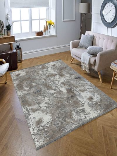 Carpetmantra Silver & Beige Color Super Fine Qulality Abstract Design Material Wool Viscose Mix Carpet 