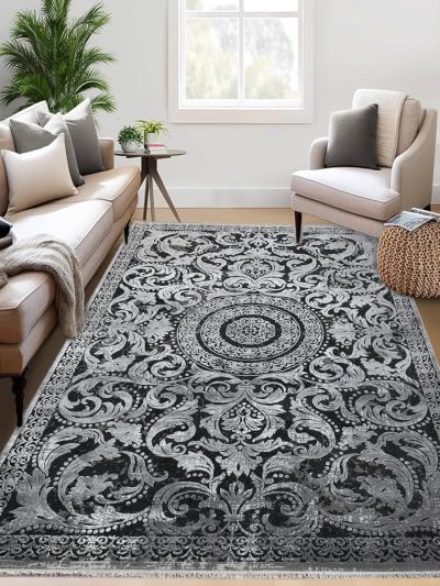 Carpetmantra Black Color Ground Silver Color Border Super Fine Quality Floral Design Material Wool Viscose Mix Carpet 5.3ft X 7.7ft